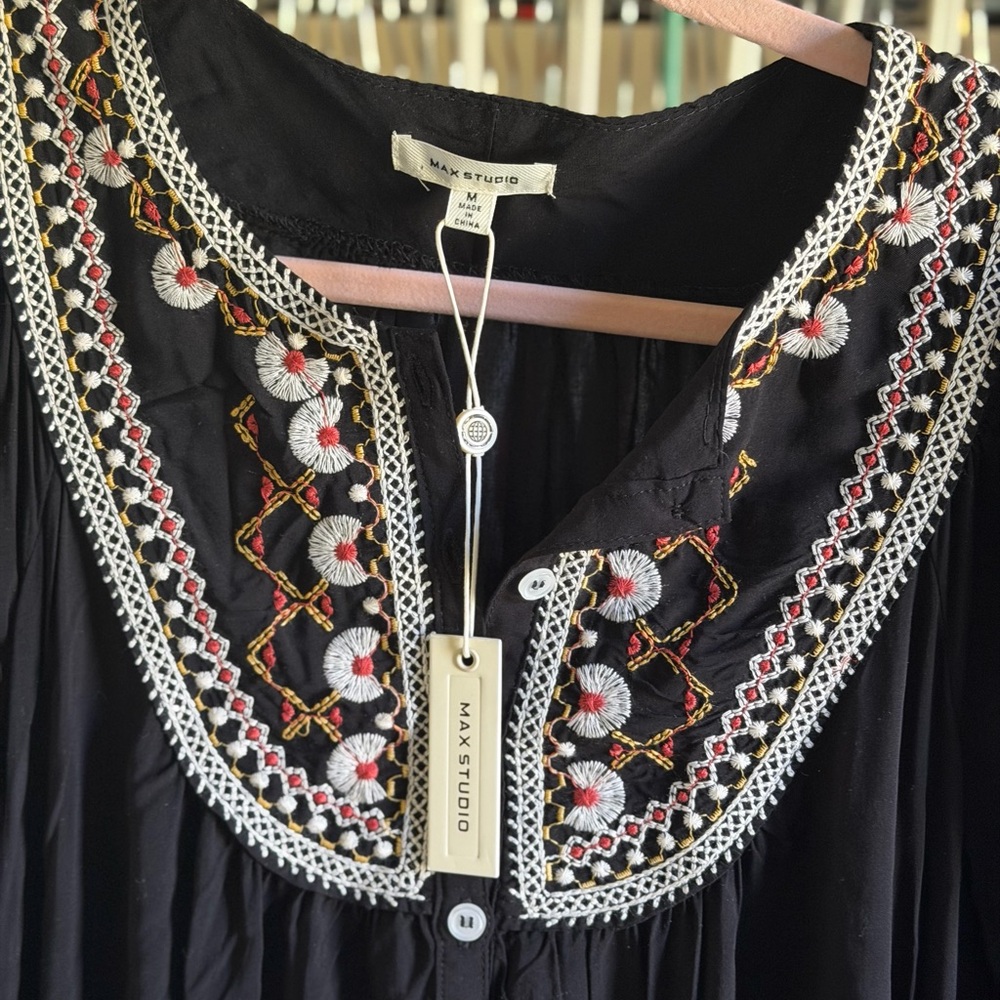 Max Studio Black Blouse with Colorful Embroidery